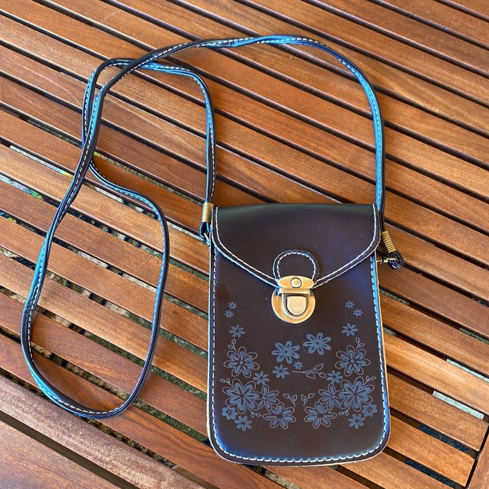 Leather Floral Dark Brown Crossbody